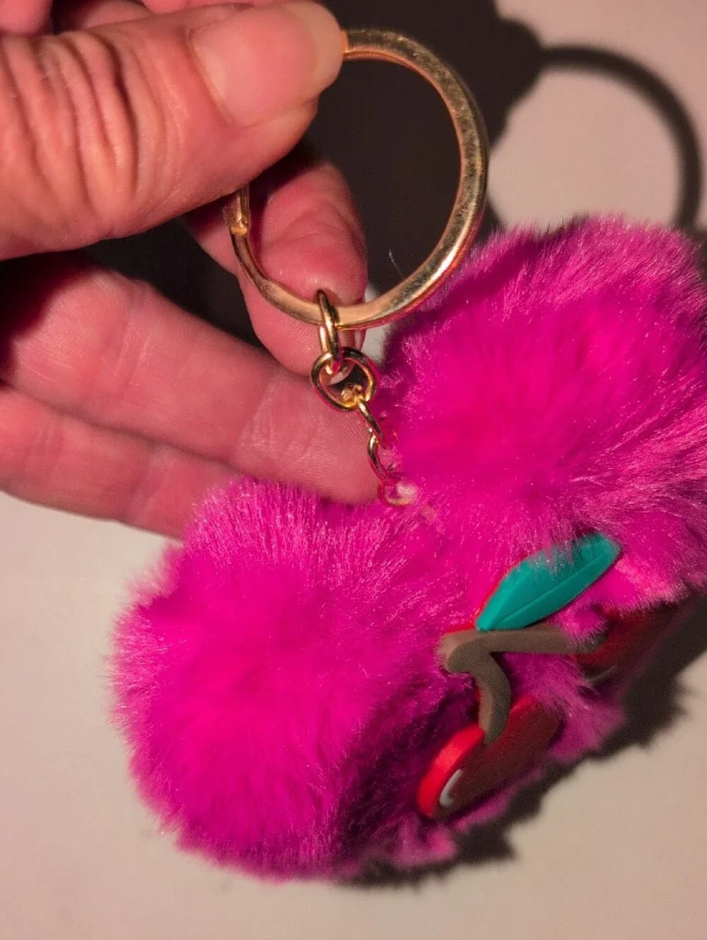 Fuzzy Heart Pom Keychain with Cherry Charm - Hot Pink